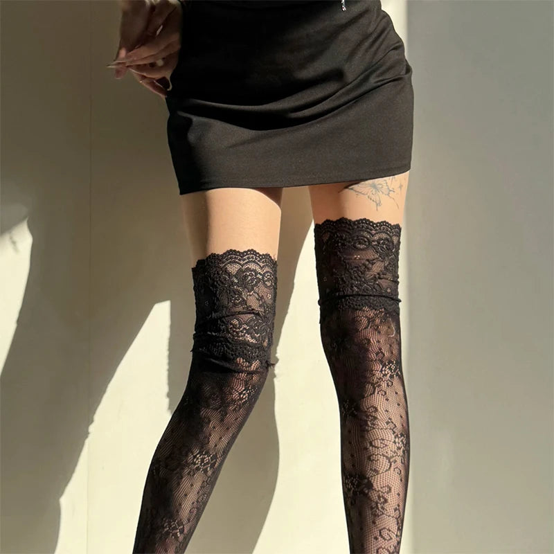 Women Fishnets Stockings Sexy Lace Fishnet Floral Knee High Socks Breathable Hollow-out JK Mesh Lolita Retro Thigh Highs Socks Get ta chaussette  Get ta chaussette