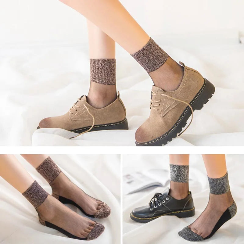 3 Pairs Spring Summer Women Ultrathin Transparent Socks Glitter Crystal Glass Silk Socks Soft Lace Shiny Elastic Short Socks Get ta chaussette  Get ta chaussette
