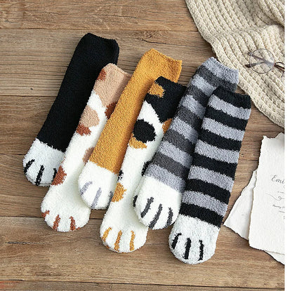 Plush Winter Funny Cute Style Animal Cat Paw Cartoon Pattern Women Cotton Socks Super Soft For Female House Sleeping Floor Sox Get ta chaussette  Get ta chaussette