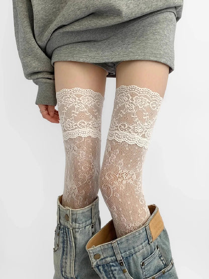 Women Fishnets Stockings Sexy Lace Fishnet Floral Knee High Socks Breathable Hollow-out JK Mesh Lolita Retro Thigh Highs Socks Get ta chaussette  Get ta chaussette