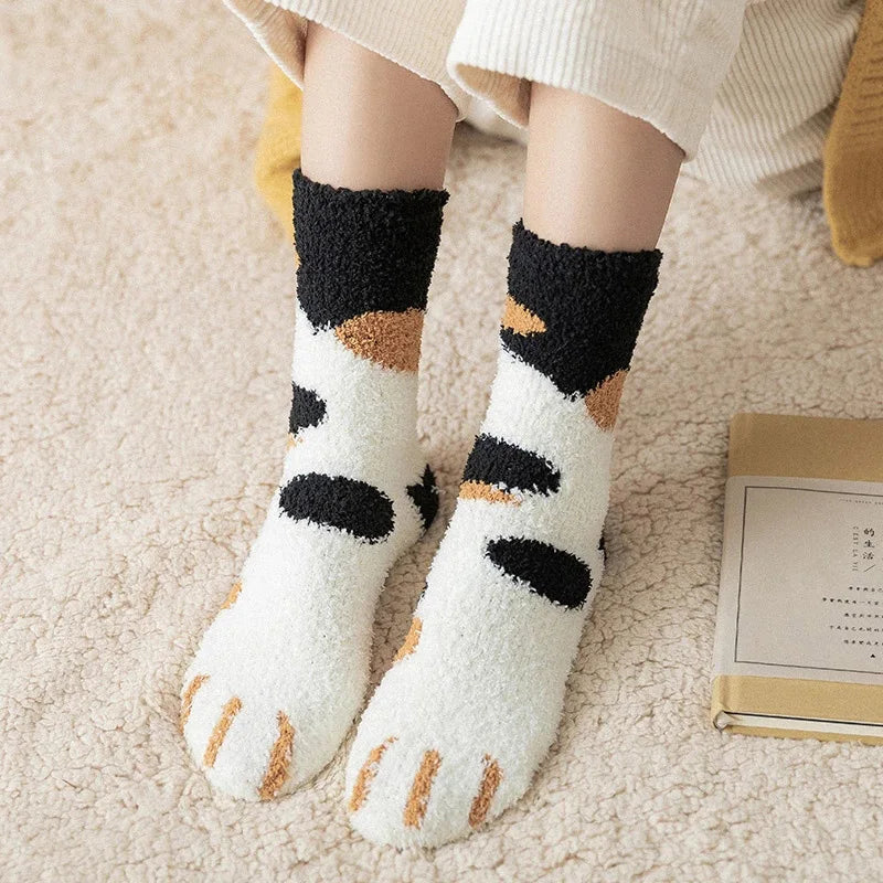 Plush Winter Funny Cute Style Animal Cat Paw Cartoon Pattern Women Cotton Socks Super Soft For Female House Sleeping Floor Sox Get ta chaussette  Get ta chaussette