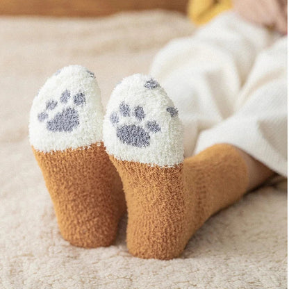 Plush Winter Funny Cute Style Animal Cat Paw Cartoon Pattern Women Cotton Socks Super Soft For Female House Sleeping Floor Sox Get ta chaussette  Get ta chaussette