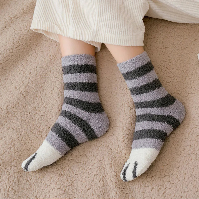 Plush Winter Funny Cute Style Animal Cat Paw Cartoon Pattern Women Cotton Socks Super Soft For Female House Sleeping Floor Sox Get ta chaussette  Get ta chaussette
