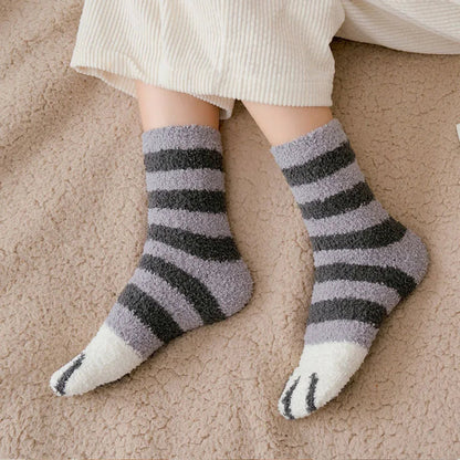 Plush Winter Funny Cute Style Animal Cat Paw Cartoon Pattern Women Cotton Socks Super Soft For Female House Sleeping Floor Sox Get ta chaussette  Get ta chaussette