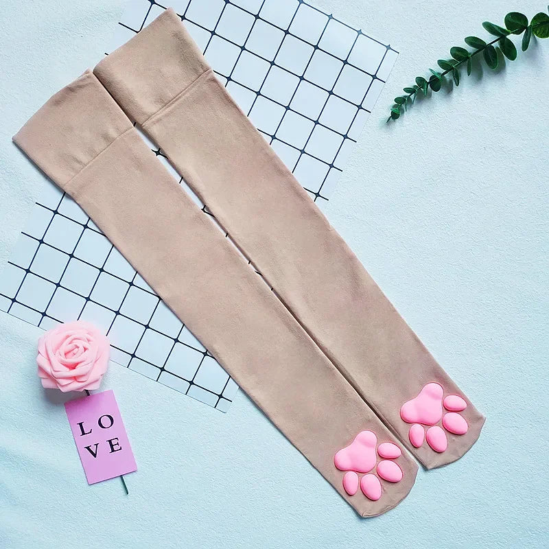 Womens Over Above Knee Socks Thigh High Stockings Kitten Claw Cat Paw Pad Ladies pink 3D Long Sock Cosplay Harajuku Y2k female Get ta chaussette  Get ta chaussette