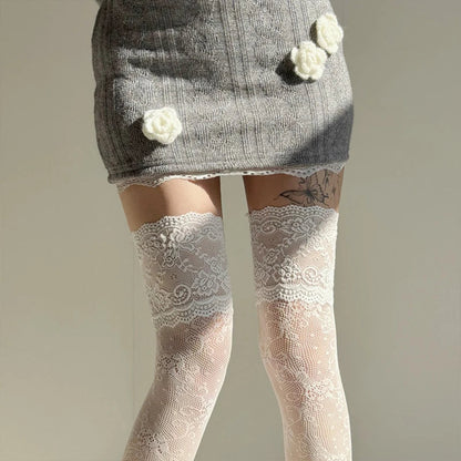 Women Fishnets Stockings Sexy Lace Fishnet Floral Knee High Socks Breathable Hollow-out JK Mesh Lolita Retro Thigh Highs Socks Get ta chaussette  Get ta chaussette