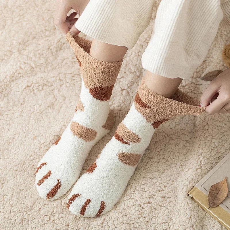 Plush Winter Funny Cute Style Animal Cat Paw Cartoon Pattern Women Cotton Socks Super Soft For Female House Sleeping Floor Sox Get ta chaussette  Get ta chaussette