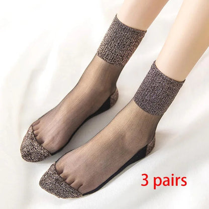 3 Pairs Spring Summer Women Ultrathin Transparent Socks Glitter Crystal Glass Silk Socks Soft Lace Shiny Elastic Short Socks Get ta chaussette  Get ta chaussette