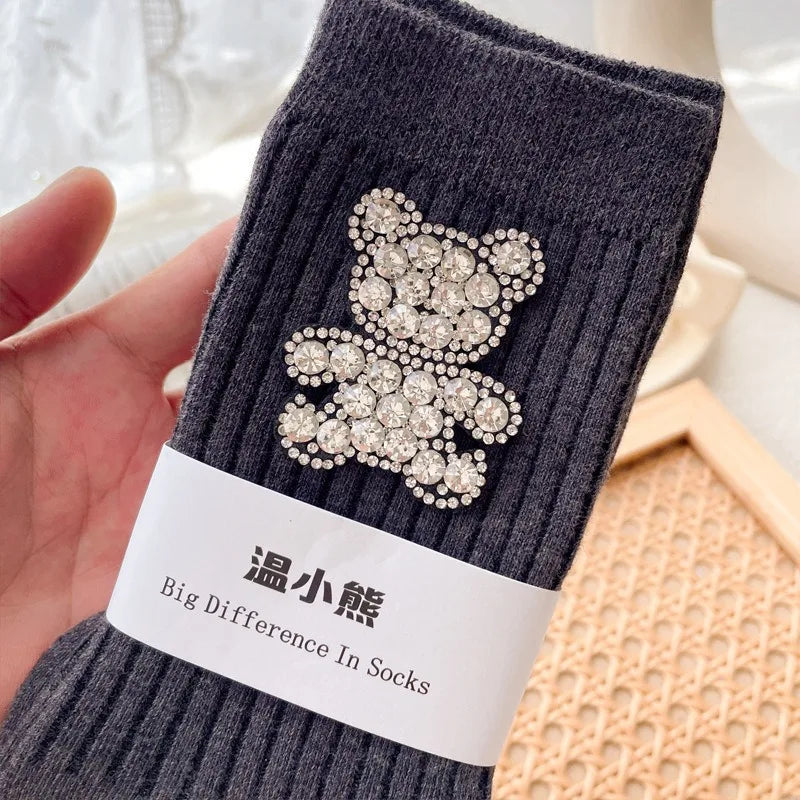 Diamond Cartoon Bear Decorative Socks, Fashionable Diamond Sparkling Women's Socks, Comfortable And Breathable Christmas Socks Get ta chaussette  Get ta chaussette