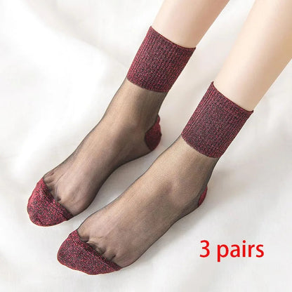 3 Pairs Spring Summer Women Ultrathin Transparent Socks Glitter Crystal Glass Silk Socks Soft Lace Shiny Elastic Short Socks Get ta chaussette  Get ta chaussette