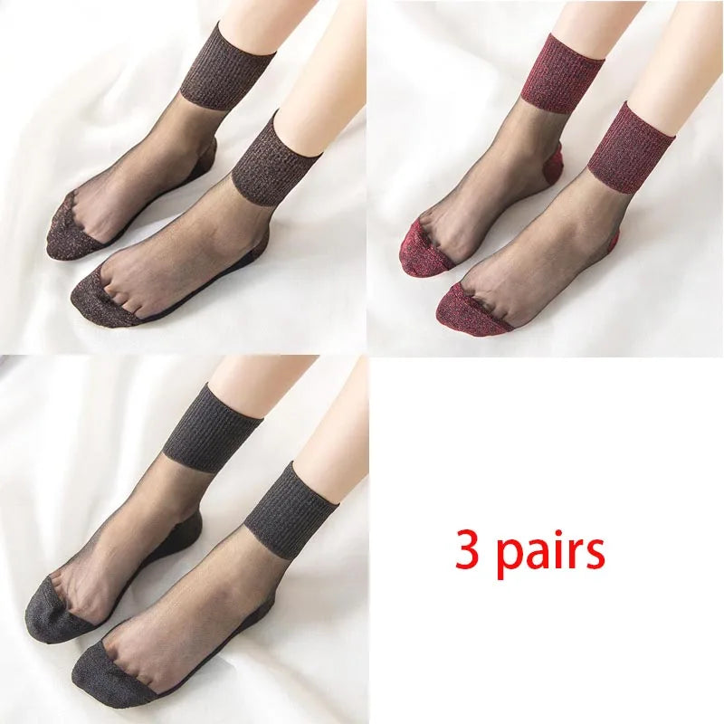 3 Pairs Spring Summer Women Ultrathin Transparent Socks Glitter Crystal Glass Silk Socks Soft Lace Shiny Elastic Short Socks Get ta chaussette  Get ta chaussette