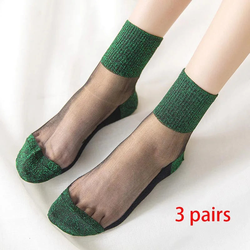 3 Pairs Spring Summer Women Ultrathin Transparent Socks Glitter Crystal Glass Silk Socks Soft Lace Shiny Elastic Short Socks Get ta chaussette  Get ta chaussette