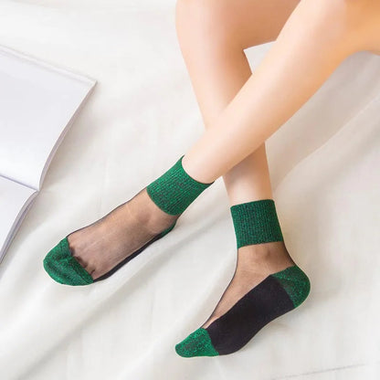 3 Pairs Spring Summer Women Ultrathin Transparent Socks Glitter Crystal Glass Silk Socks Soft Lace Shiny Elastic Short Socks Get ta chaussette  Get ta chaussette