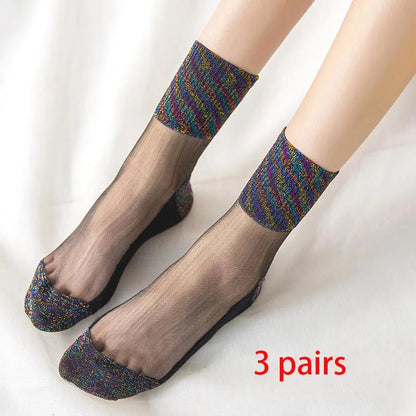 3 Pairs Spring Summer Women Ultrathin Transparent Socks Glitter Crystal Glass Silk Socks Soft Lace Shiny Elastic Short Socks Get ta chaussette  Get ta chaussette