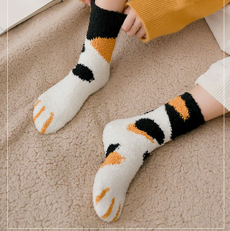 Plush Winter Funny Cute Style Animal Cat Paw Cartoon Pattern Women Cotton Socks Super Soft For Female House Sleeping Floor Sox Get ta chaussette  Get ta chaussette