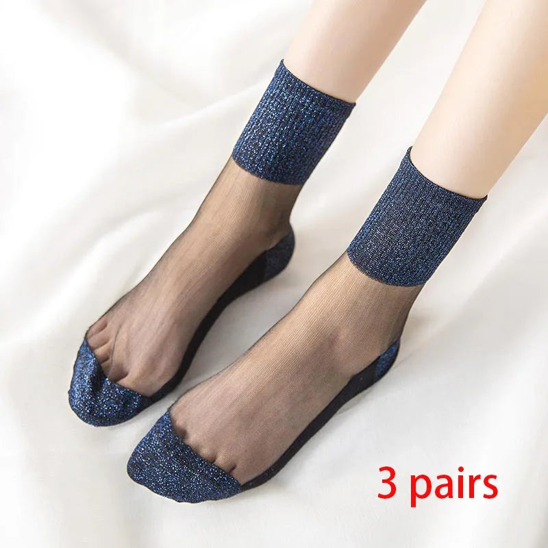 3 Pairs Spring Summer Women Ultrathin Transparent Socks Glitter Crystal Glass Silk Socks Soft Lace Shiny Elastic Short Socks Get ta chaussette  Get ta chaussette