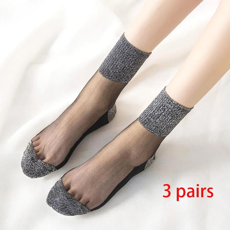 3 Pairs Spring Summer Women Ultrathin Transparent Socks Glitter Crystal Glass Silk Socks Soft Lace Shiny Elastic Short Socks Get ta chaussette  Get ta chaussette