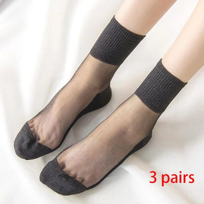 3 Pairs Spring Summer Women Ultrathin Transparent Socks Glitter Crystal Glass Silk Socks Soft Lace Shiny Elastic Short Socks Get ta chaussette  Get ta chaussette