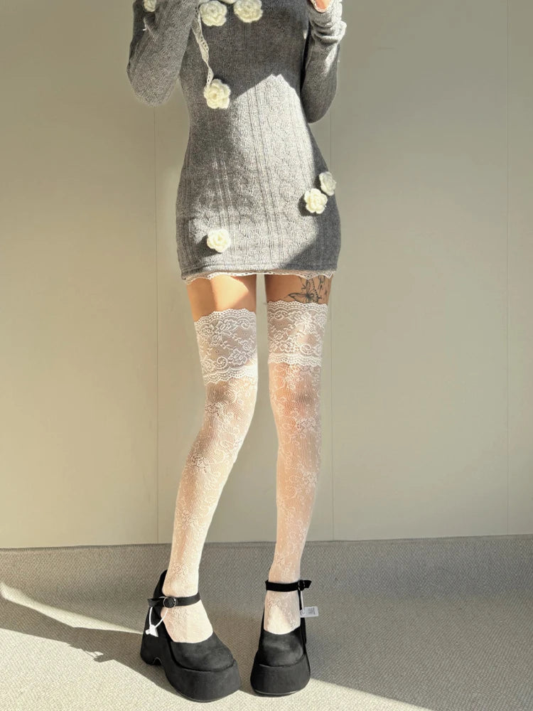 Women Fishnets Stockings Sexy Lace Fishnet Floral Knee High Socks Breathable Hollow-out JK Mesh Lolita Retro Thigh Highs Socks Get ta chaussette  Get ta chaussette