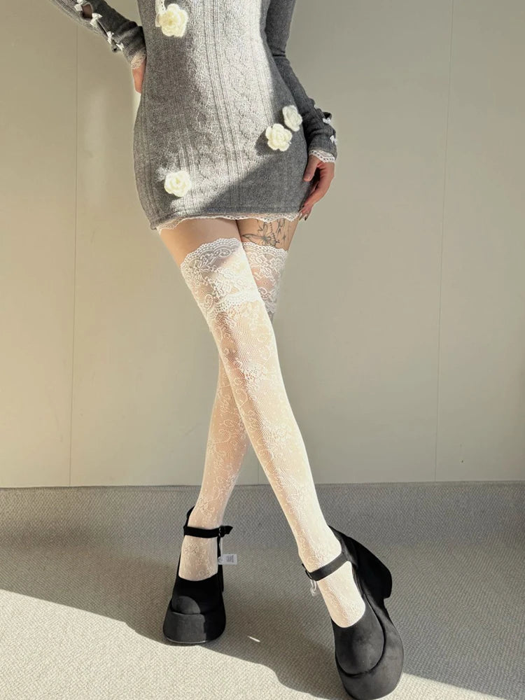 Chaussettes filet floral montantes femme – vue frontale