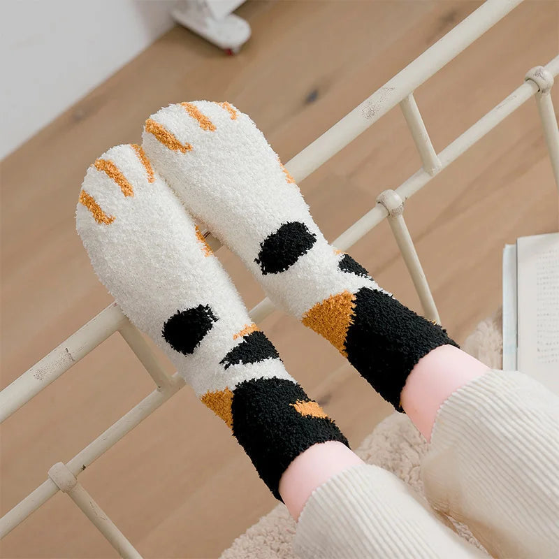 Plush Winter Funny Cute Style Animal Cat Paw Cartoon Pattern Women Cotton Socks Super Soft For Female House Sleeping Floor Sox Get ta chaussette  Get ta chaussette