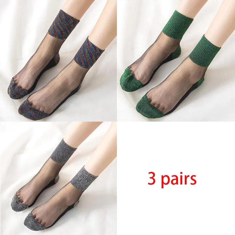 3 Pairs Spring Summer Women Ultrathin Transparent Socks Glitter Crystal Glass Silk Socks Soft Lace Shiny Elastic Short Socks Get ta chaussette  Get ta chaussette