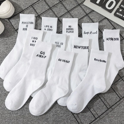 Chaussettes jacquard lettres streetwear – textes anglais sur fond blanc – Get ta chaussette