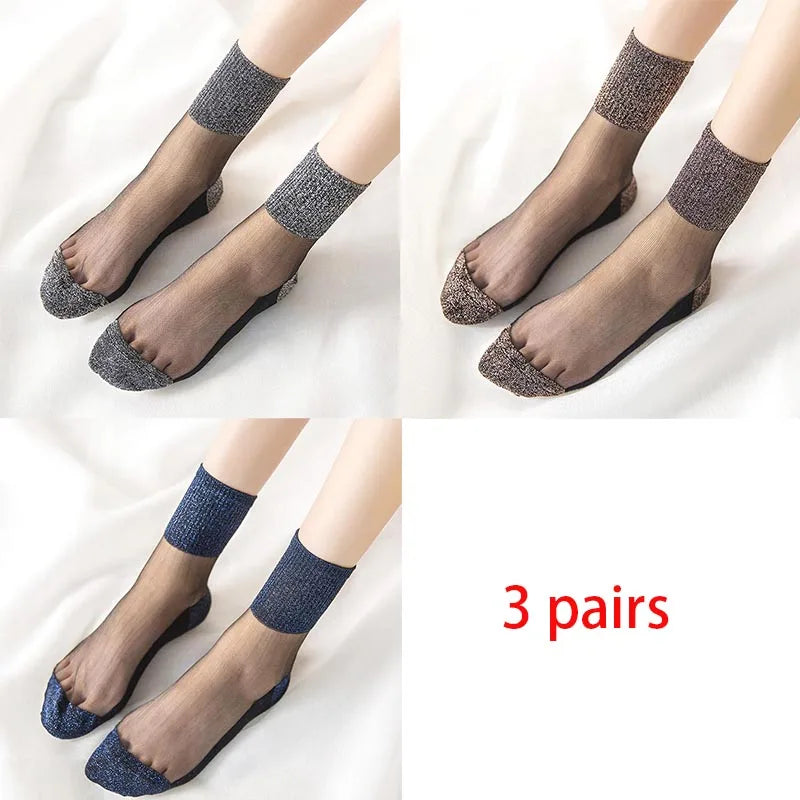 3 Pairs Spring Summer Women Ultrathin Transparent Socks Glitter Crystal Glass Silk Socks Soft Lace Shiny Elastic Short Socks Get ta chaussette  Get ta chaussette