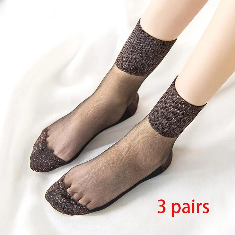 3 Pairs Spring Summer Women Ultrathin Transparent Socks Glitter Crystal Glass Silk Socks Soft Lace Shiny Elastic Short Socks Get ta chaussette  Get ta chaussette
