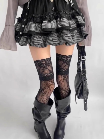 Women Fishnets Stockings Sexy Lace Fishnet Floral Knee High Socks Breathable Hollow-out JK Mesh Lolita Retro Thigh Highs Socks Get ta chaussette  Get ta chaussette