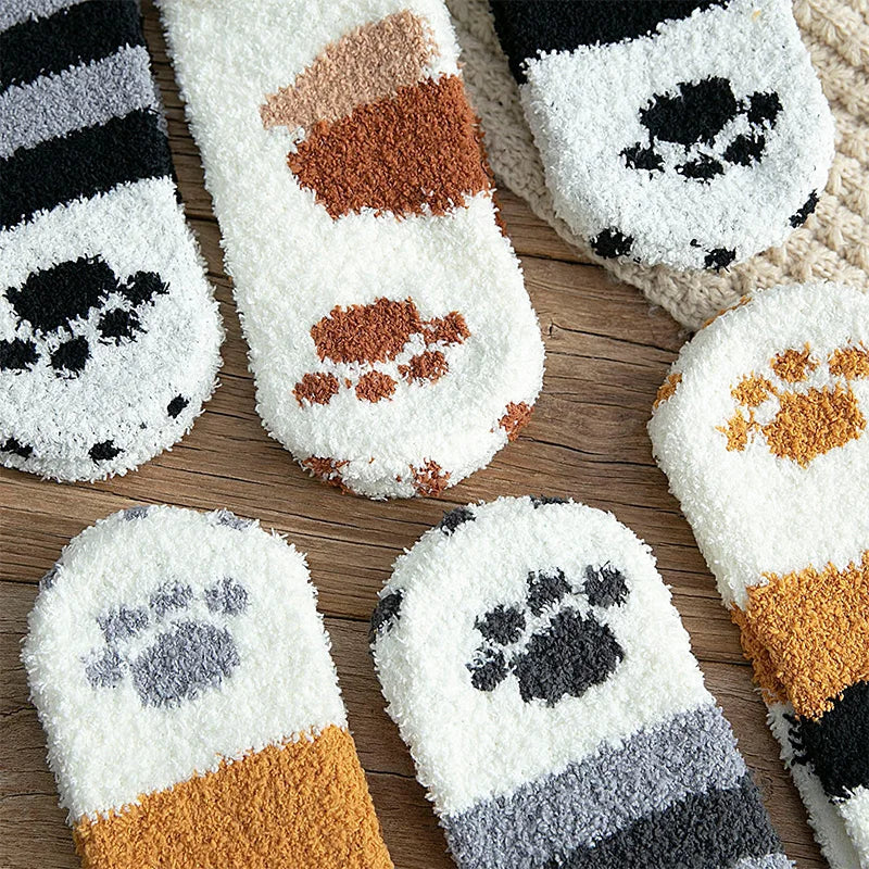 Plush Winter Funny Cute Style Animal Cat Paw Cartoon Pattern Women Cotton Socks Super Soft For Female House Sleeping Floor Sox Get ta chaussette  Get ta chaussette